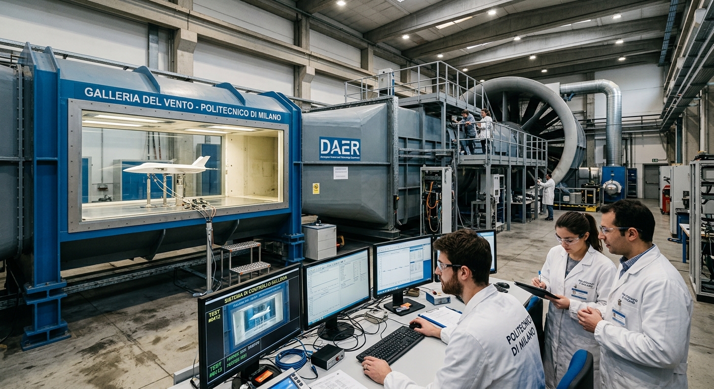 Modern university wind tunnel laboratory interior, large industrial testing equipment, engineers working, high-tech research facility at Politecnico di Milano