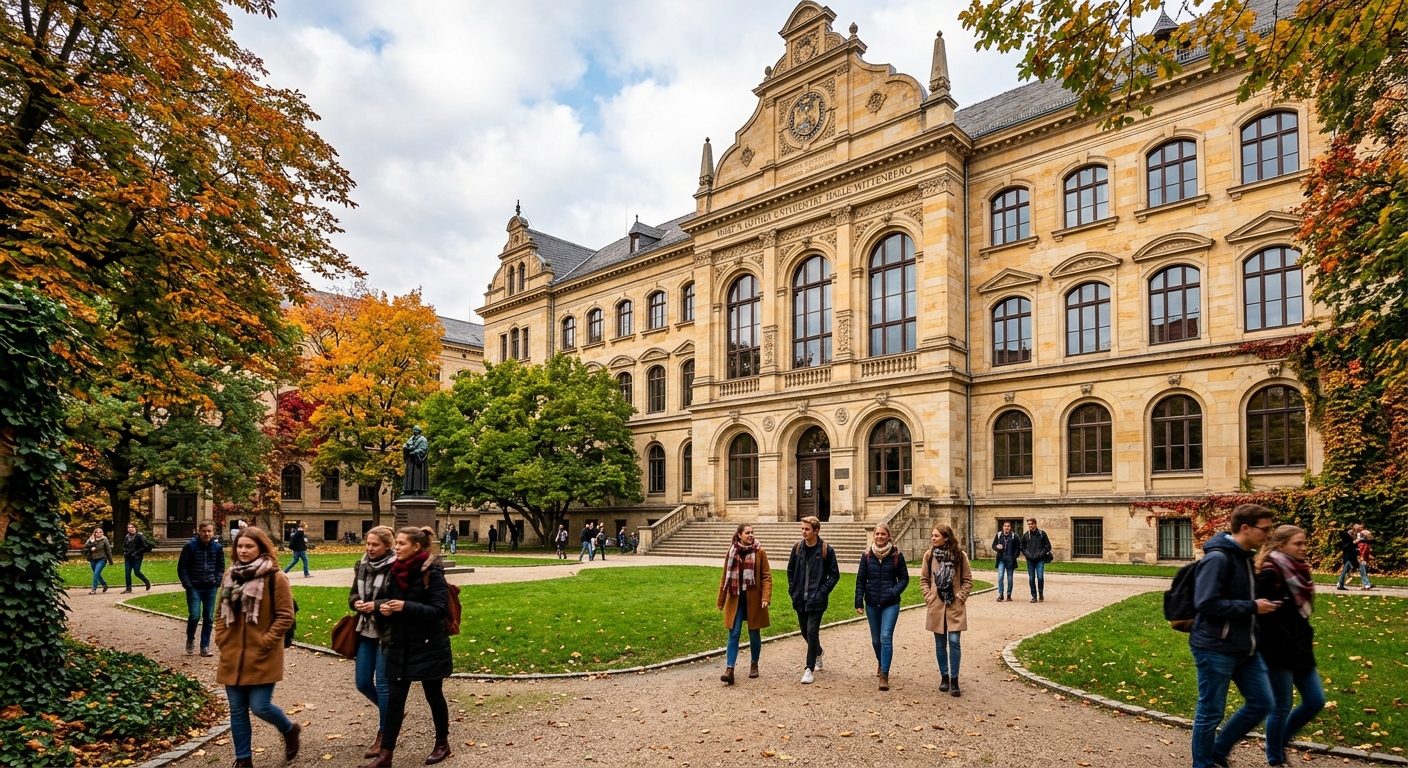 Historic sandstone university building at Martin Luther University Halle-Wittenberg with arched windows, green courtyard, students walking through campus in Halle (Saale), Germany, autumn foliage