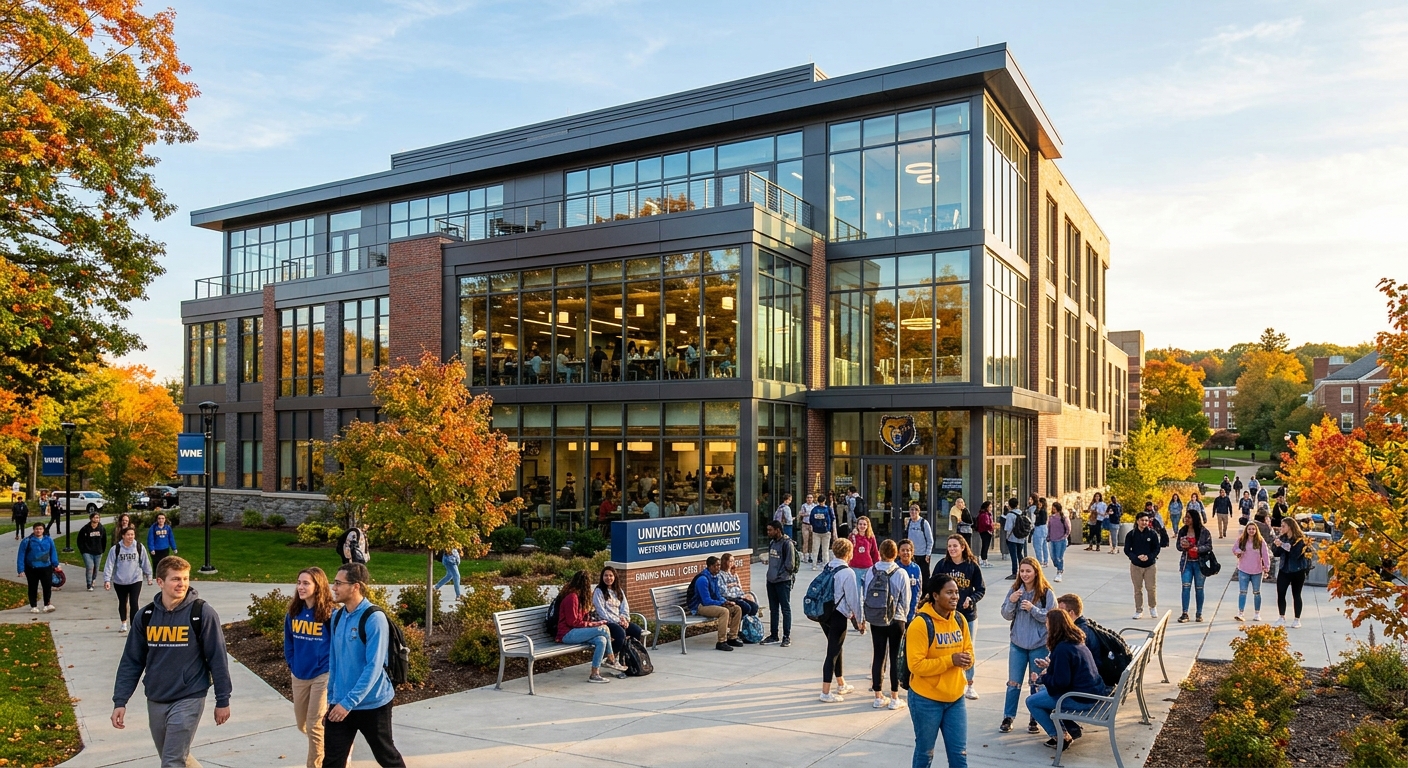 University Commons dining hall at Western New England University, four-story modern building with large windows, students gathering outside, warm afternoon light