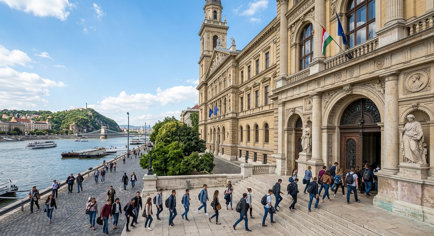 Historic neo-renaissance main building of Corvinus University of Budapest on the bank of the Danube River, with students walking through the grand entrance, blue sky and Budapest cityscape in the background