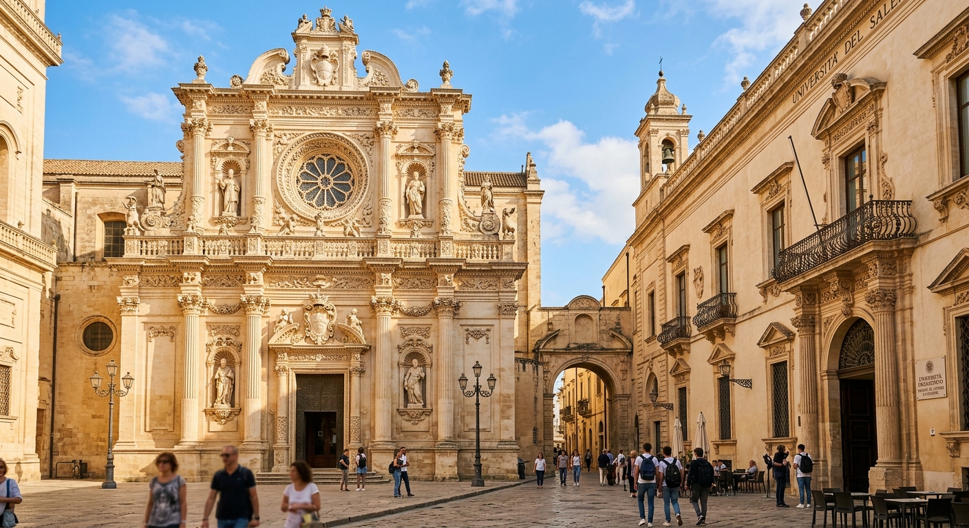 Baroque architecture of Lecce city center with ornate stone facades and historic church, University of Salento campus buildings in southern Italy, warm Mediterranean sunlight