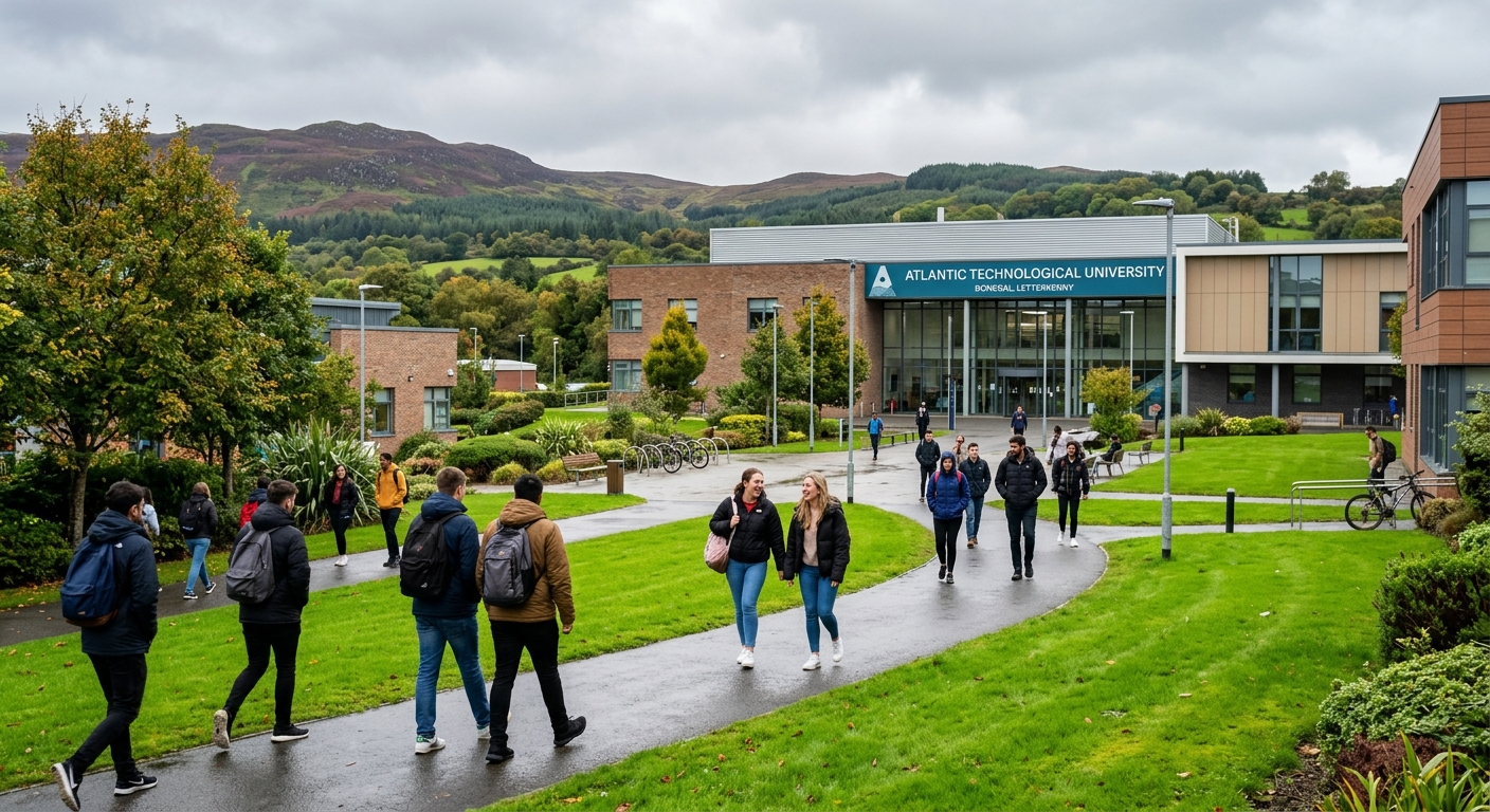 Atlantic Technological University Donegal Letterkenny campus exterior with modern buildings, green Irish landscape, students walking along pathways under overcast sky