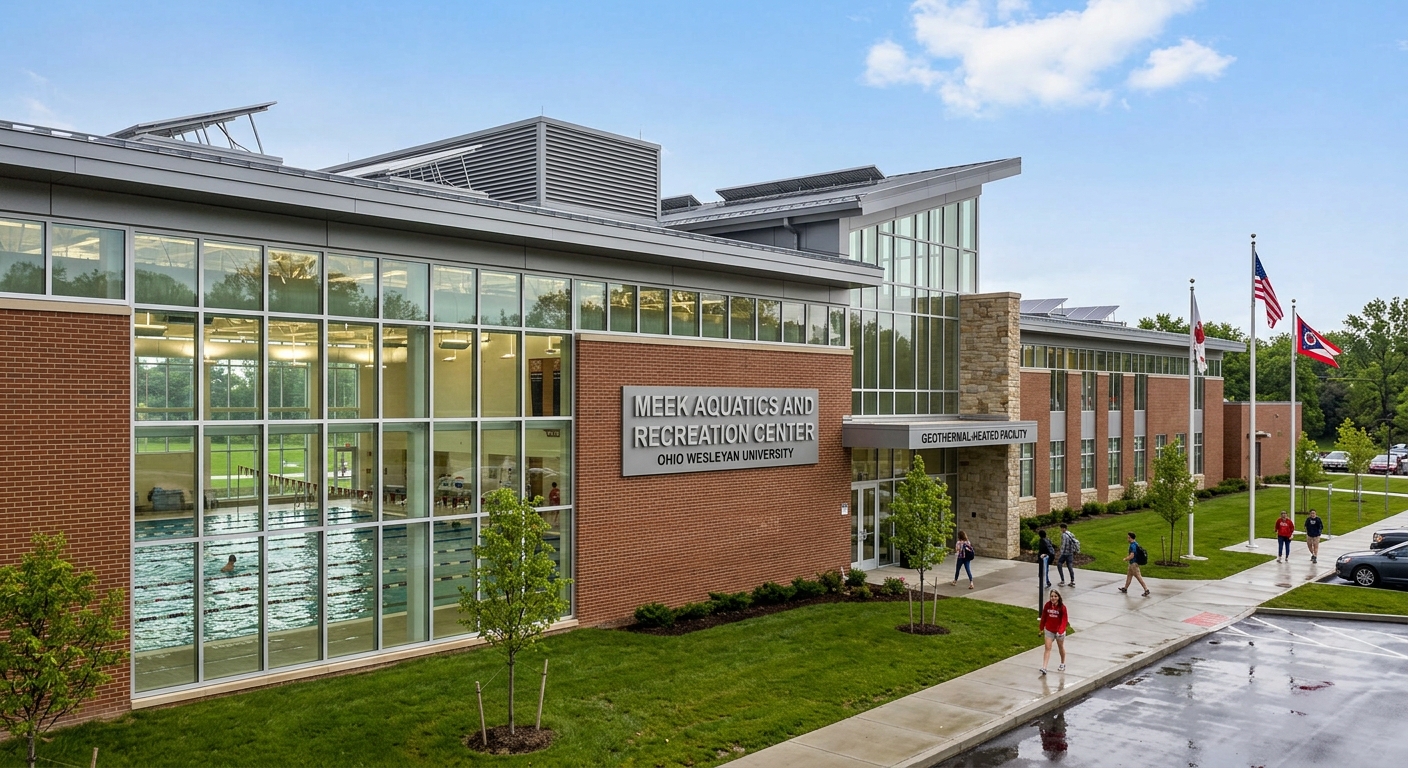 Meek Aquatics and Recreation Center at Ohio Wesleyan University, modern building with pool visible through windows, geothermal-heated facility