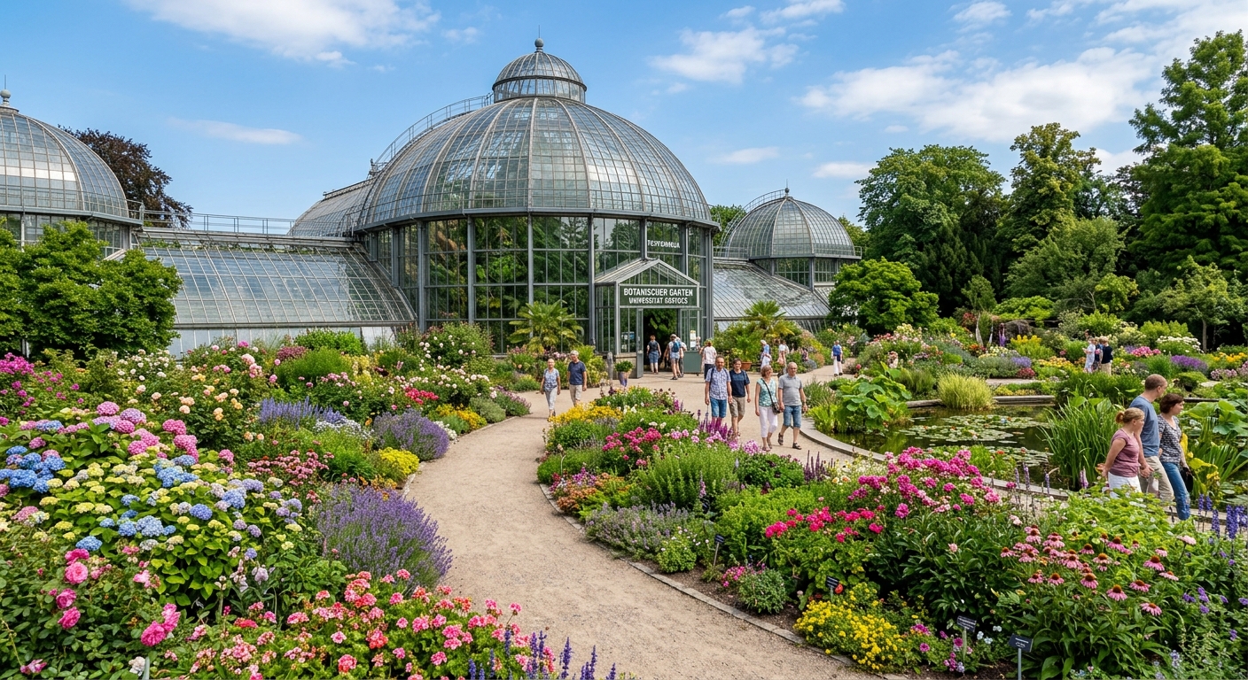 University of Rostock Botanical Garden greenhouse and outdoor gardens, lush green plants, tropical specimens, walking paths through colorful flower beds