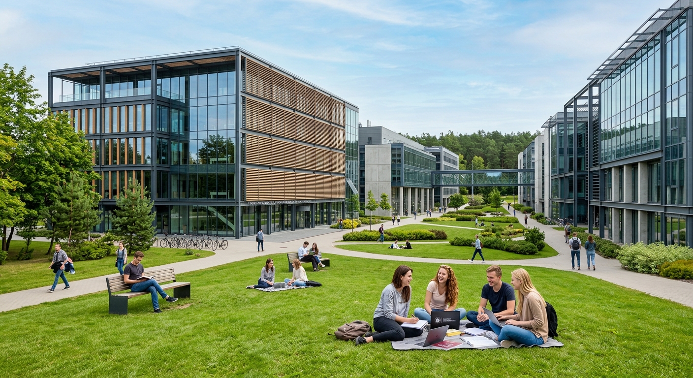 Modern Sauletekis campus of Vilnius University, glass and steel academic buildings, green lawns, students studying outdoors, contemporary architecture