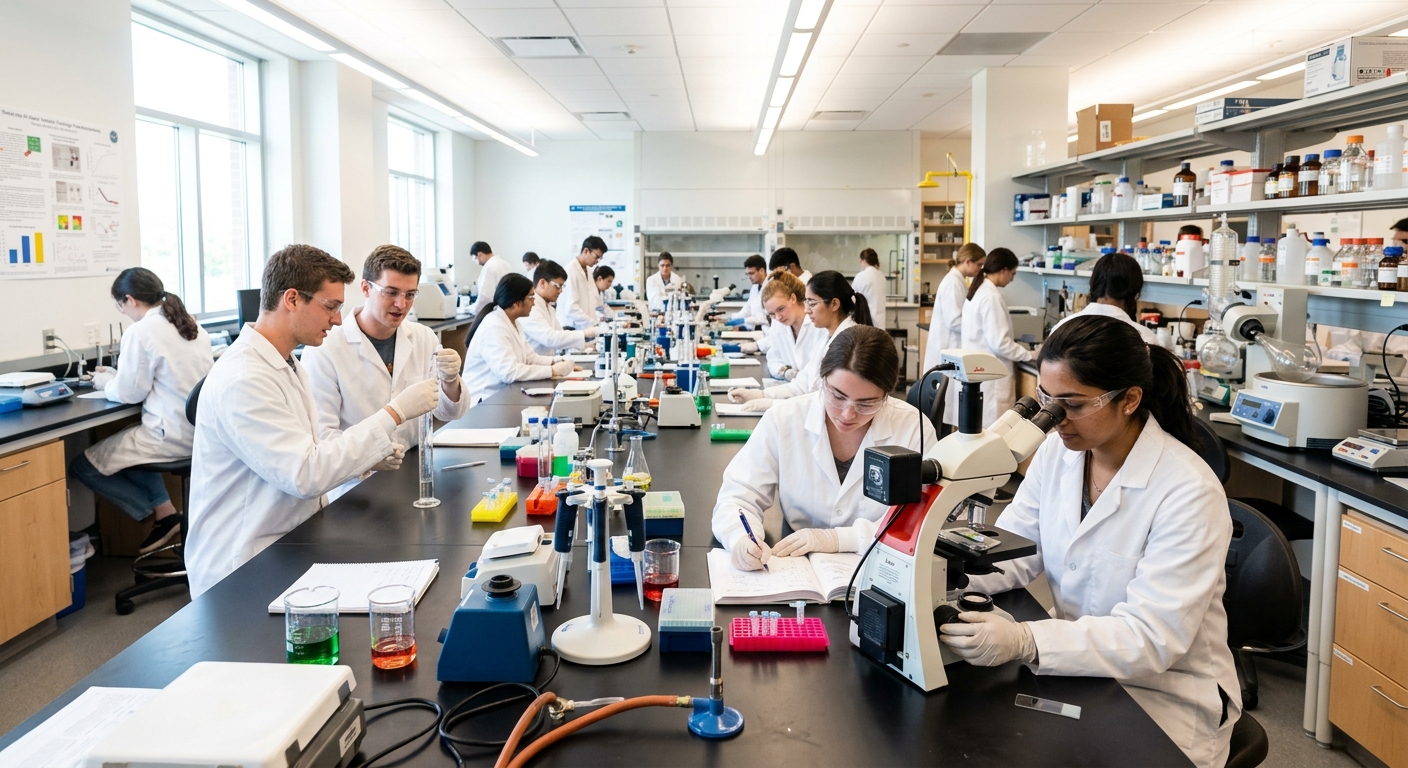 Modern college science laboratory with lab benches, microscopes, and scientific equipment, students conducting experiments, bright overhead lighting