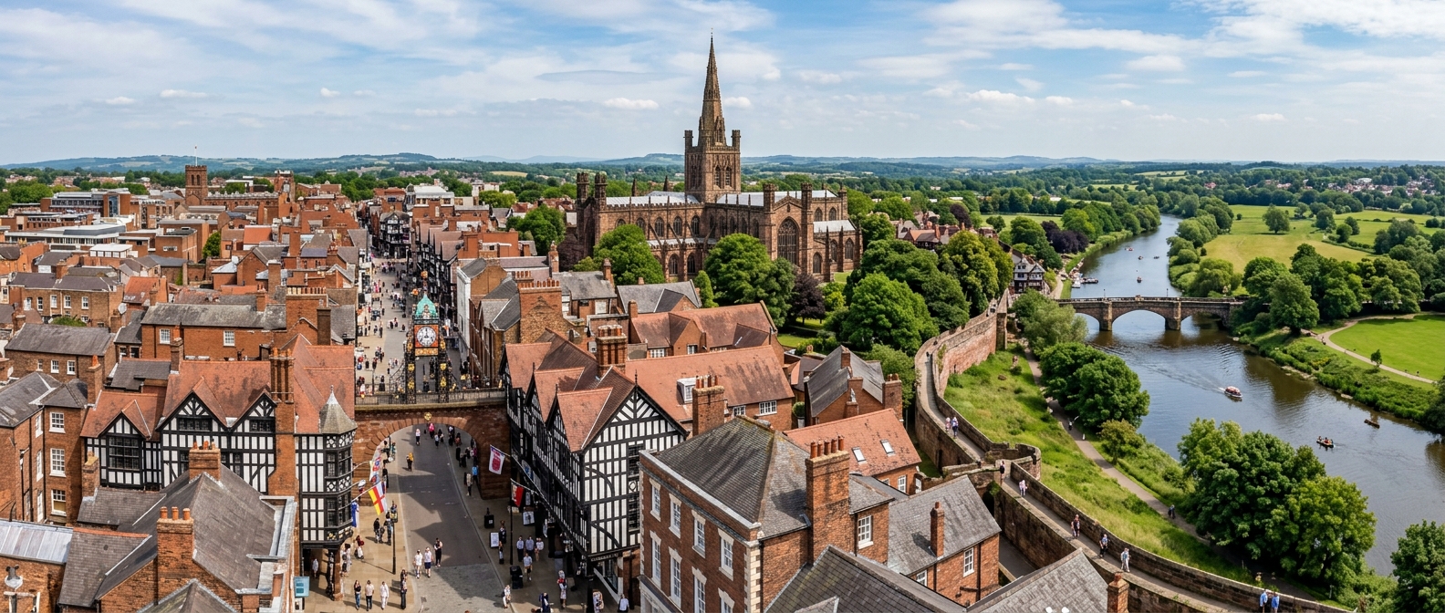 Panoramic view of Chester city centre, medieval half-timbered buildings along The Rows, ancient Roman city walls, Chester Cathedral spire, River Dee flowing through green parkland, Eastgate Clock tower