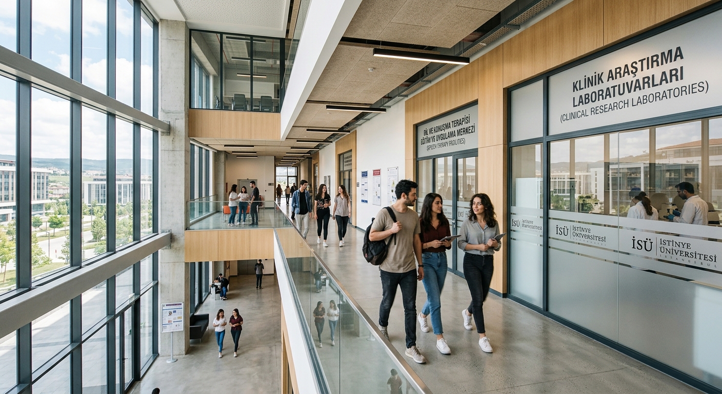 Modern university campus building at Istinye University Istanbul, with clinical research laboratories and speech therapy facilities, students walking through contemporary corridors with natural lighting