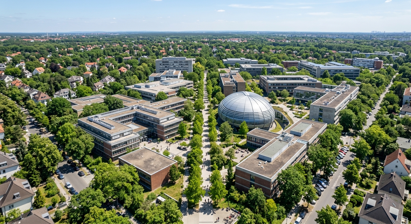 Aerial view of Free University of Berlin Dahlem campus, green tree-lined pathways between modernist academic buildings, the iconic Philological Library brain-shaped dome visible, sunny day in southwestern Berlin