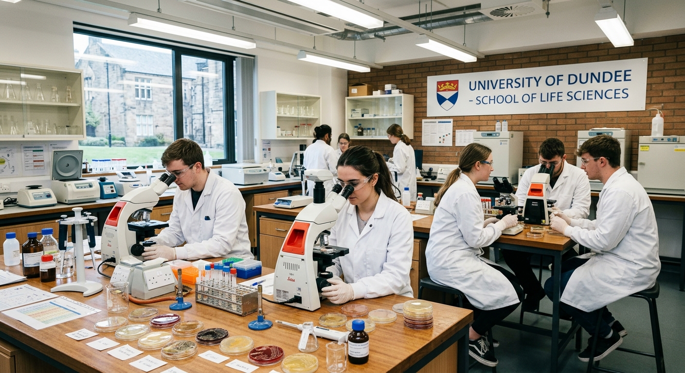 Modern microbiology laboratory at University of Dundee, students in white lab coats examining bacterial cultures under microscopes, bright fluorescent lighting, petri dishes and scientific equipment visible on benches