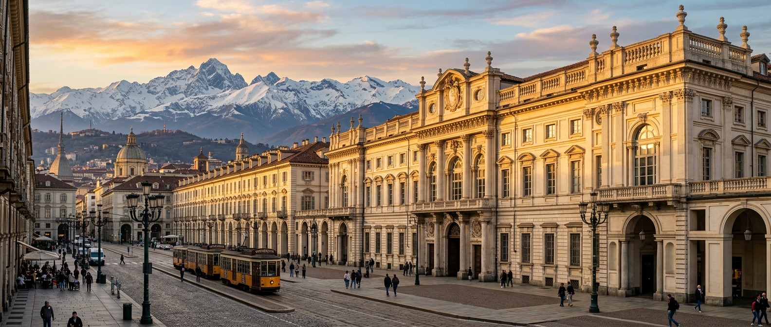 Panoramic view of the University of Turin historic Palazzo del Rettorato building with baroque architecture, set against the backdrop of the Italian Alps, warm golden hour light illuminating the elegant facade on Via Po in central Turin