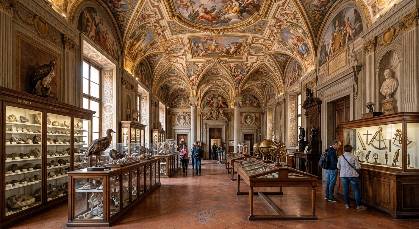 Palazzo Poggi interior with grand frescoed halls, natural history collections, and scientific instrument displays in a Baroque setting
