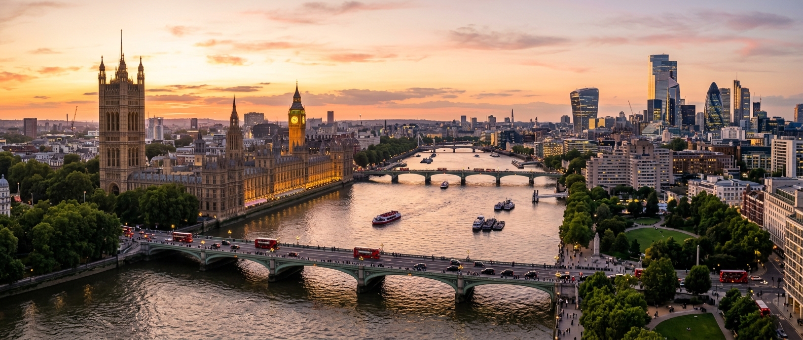 London skyline panorama at golden hour, Big Ben and Houses of Parliament, River Thames, modern skyscrapers in background, green parks visible, vibrant city atmosphere