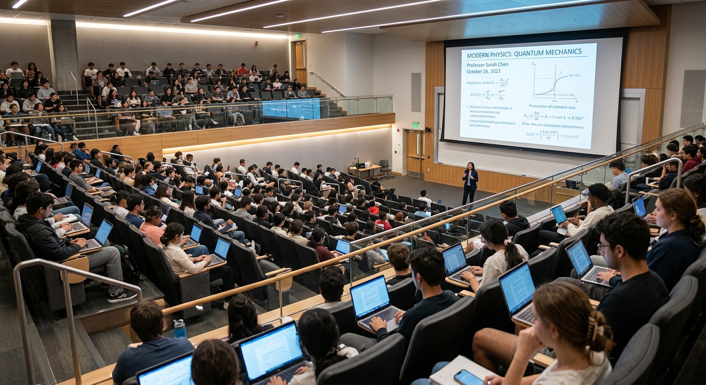 Modern university auditorium interior with tiered seating, large projection screen, bright LED lighting, students attending a lecture