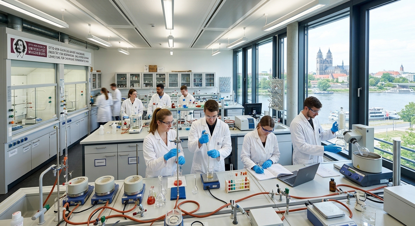 Modern science laboratory at Otto-von-Guericke University Magdeburg with students conducting experiments, glass beakers and equipment on lab benches, bright overhead lighting, university campus visible through large windows overlooking the Elbe river