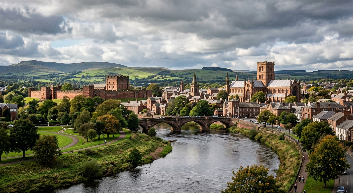Carlisle city skyline with Carlisle Castle and cathedral, River Eden flowing through, historic red sandstone buildings, green Cumbrian hills in background, dramatic English sky