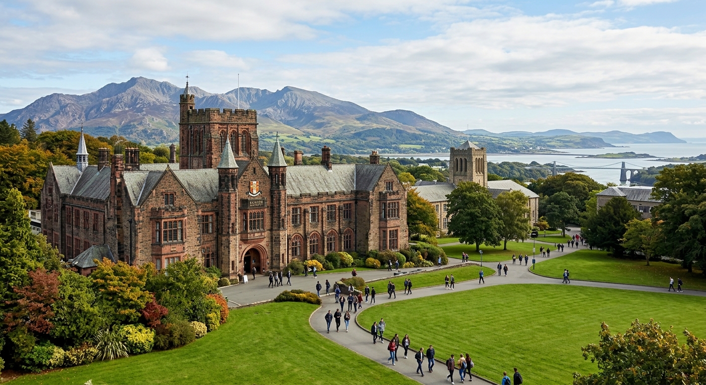 Bangor University historic campus buildings with mountains of Snowdonia in the background, green lawns, students walking along pathways, North Wales coastal landscape visible in the distance
