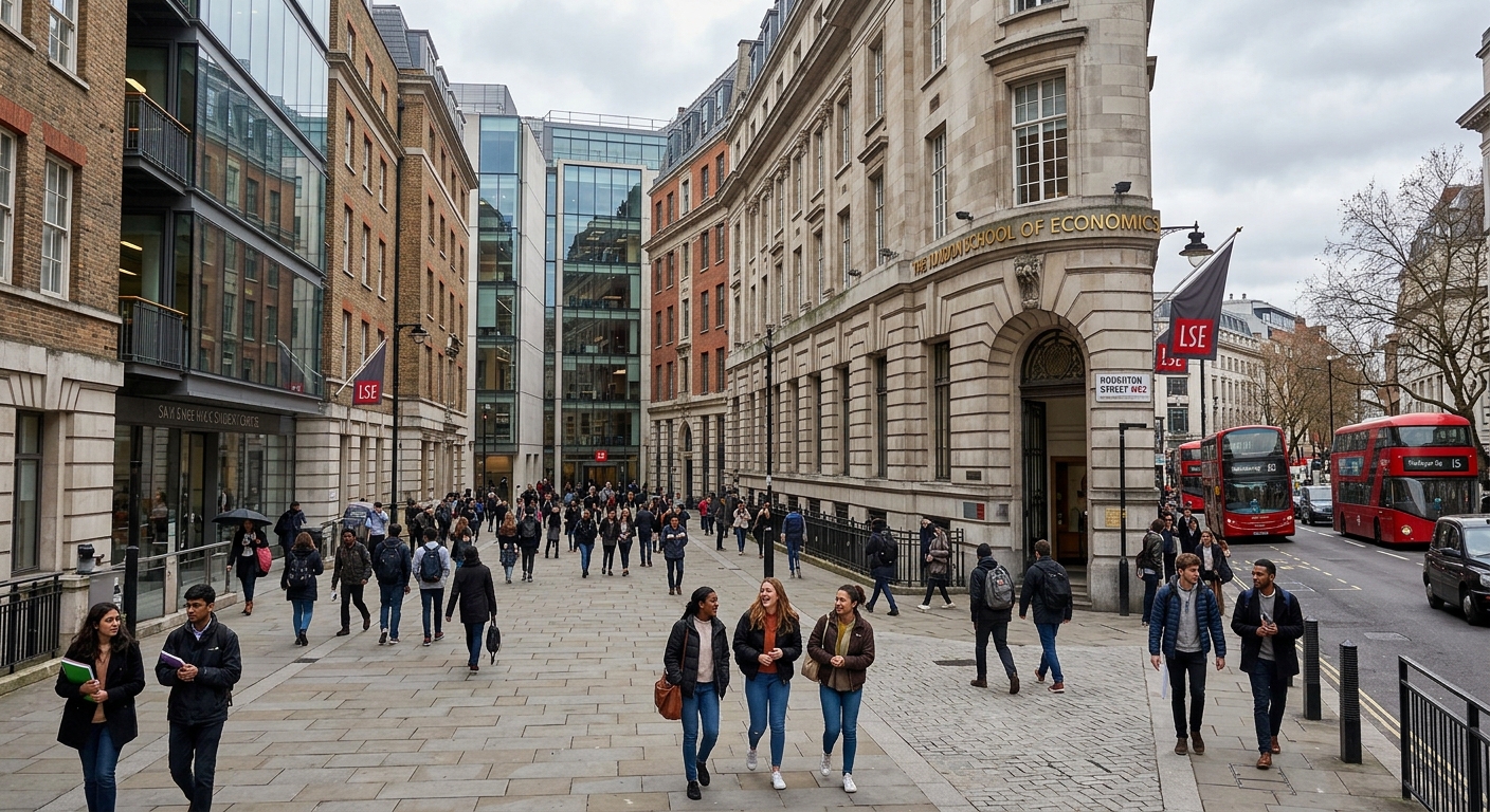 London School of Economics campus on Houghton Street in central London, historic academic buildings with modern glass extensions, students walking through courtyard, overcast London sky with iconic red buses visible in background