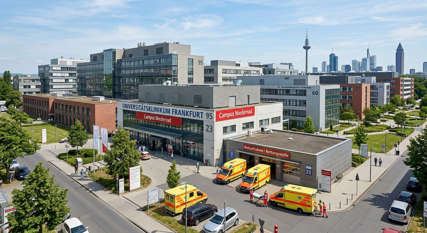 University Hospital Frankfurt Niederrad Campus, large modern medical complex with clinical buildings and research facilities, ambulances parked outside