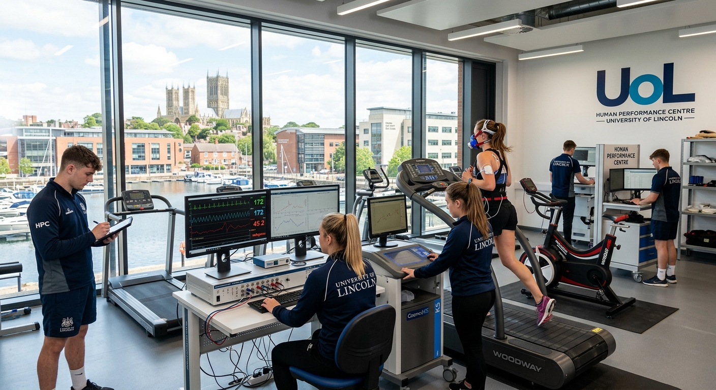 Modern sports science laboratory at the University of Lincoln Human Performance Centre, students conducting physiological testing with treadmills and monitoring equipment, bright lighting, Brayford Pool campus visible through windows