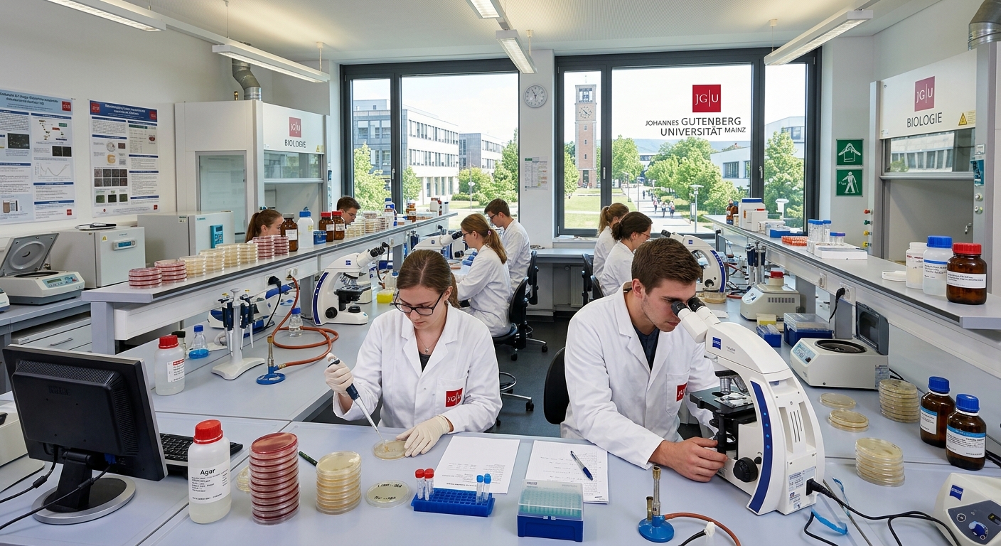 Modern biology laboratory at Johannes Gutenberg University Mainz with students performing microbiology experiments, microscopes and petri dishes on lab benches, bright fluorescent lighting, university campus visible through windows