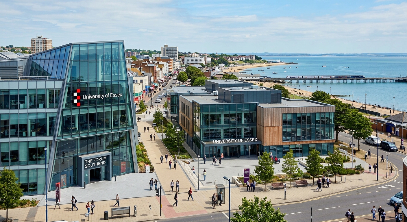 University of Essex Southend campus modern glass buildings in the town centre, with the Forum building and University Square visible, seaside town backdrop