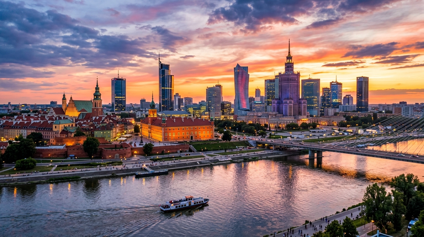 Warsaw city skyline panorama showing modern skyscrapers and historic Old Town, Vistula River in foreground, Palace of Culture and Science visible, vibrant sunset colors reflecting off glass buildings
