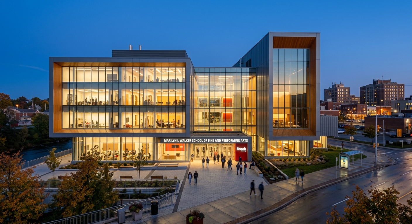 Marilyn I. Walker School of Fine and Performing Arts, contemporary architectural design in downtown St. Catharines, large glass windows, evening lighting