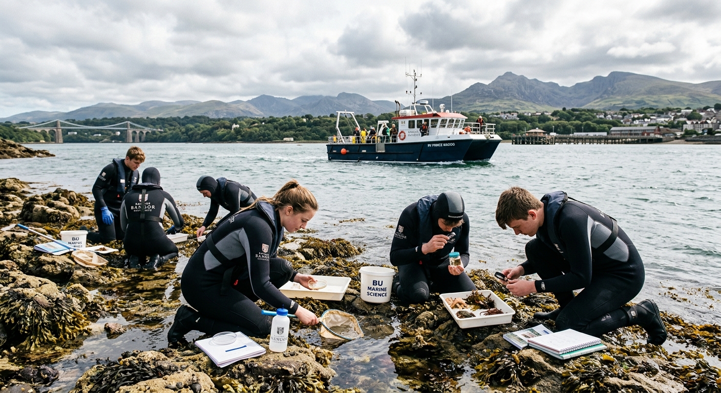 Coastal marine biology fieldwork scene at Bangor University, students in wetsuits examining rock pools along the Menai Strait with mountains of Snowdonia in the background, research vessel visible on the water, bright overcast Welsh sky