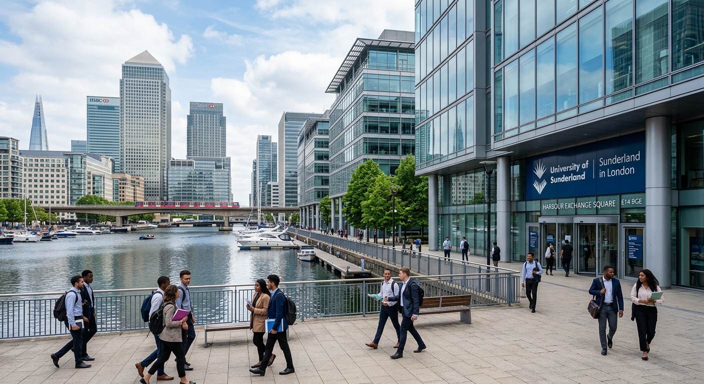 University of Sunderland in London campus at Harbour Exchange, Canary Wharf, modern glass buildings with Docklands skyline, professional urban setting with students walking near waterfront