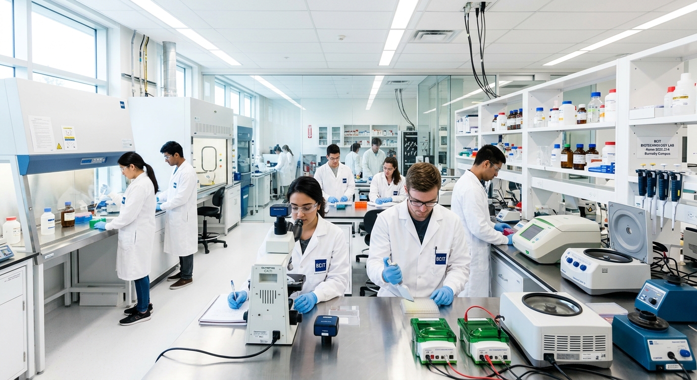 Modern biotechnology laboratory at BCIT Burnaby campus with students in lab coats working with microscopes and molecular biology equipment, bright fluorescent lighting, clean white surfaces, and advanced scientific instruments
