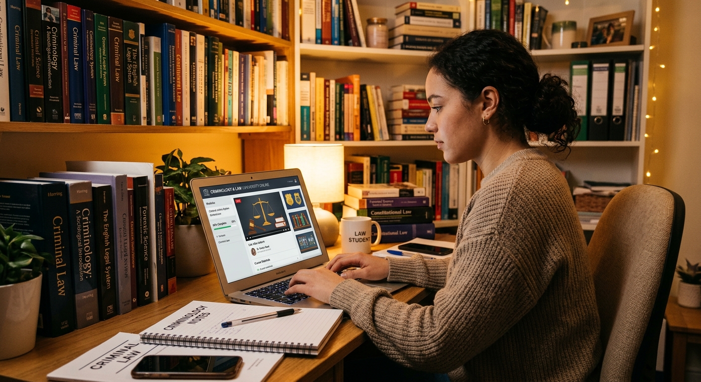 Modern online learning environment with a student studying criminology and law on a laptop, digital interface showing legal scales and criminal justice icons, warm ambient lighting in a home study setting with bookshelves containing law textbooks