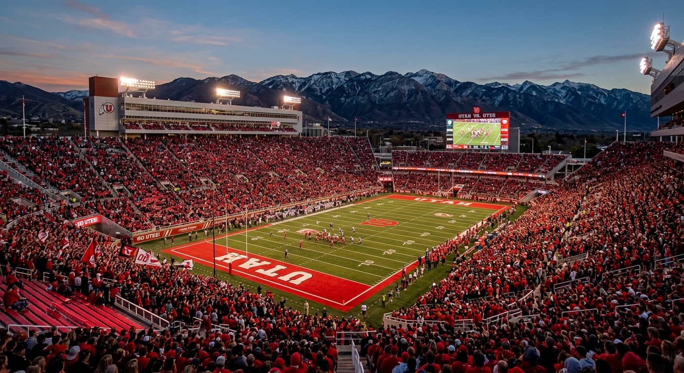University of Utah Rice-Eccles Stadium filled with fans during a football game, red seats and mountain views visible, bright stadium lights illuminating the field at dusk