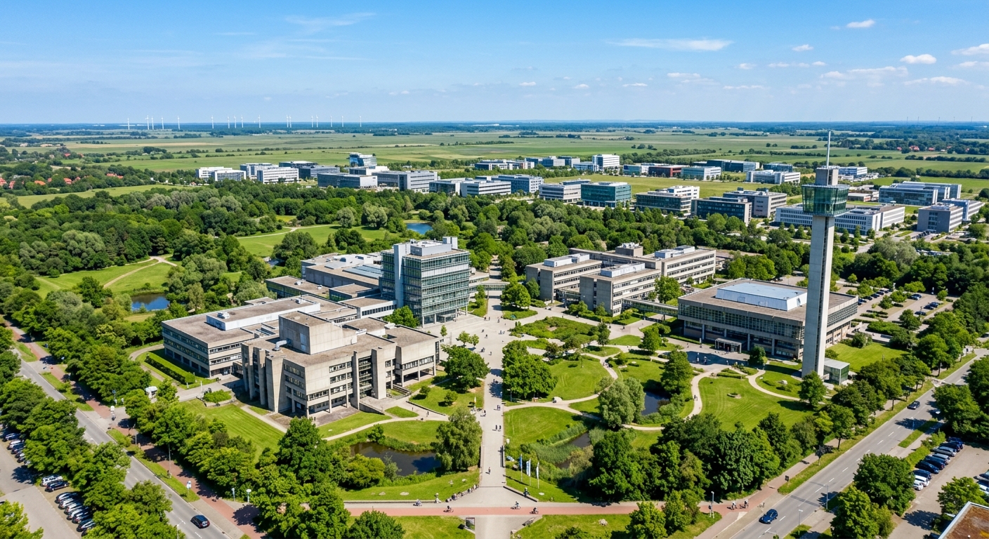 University of Bremen campus wide aerial view showing modern concrete and glass faculty buildings surrounded by lush green parkland, the Technology Park visible in the background, flat North German landscape under a clear blue sky