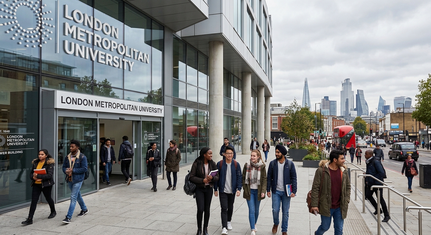 Modern London Metropolitan University campus building in Holloway, North London, with diverse international students walking through the entrance, city skyline visible in background, overcast London sky