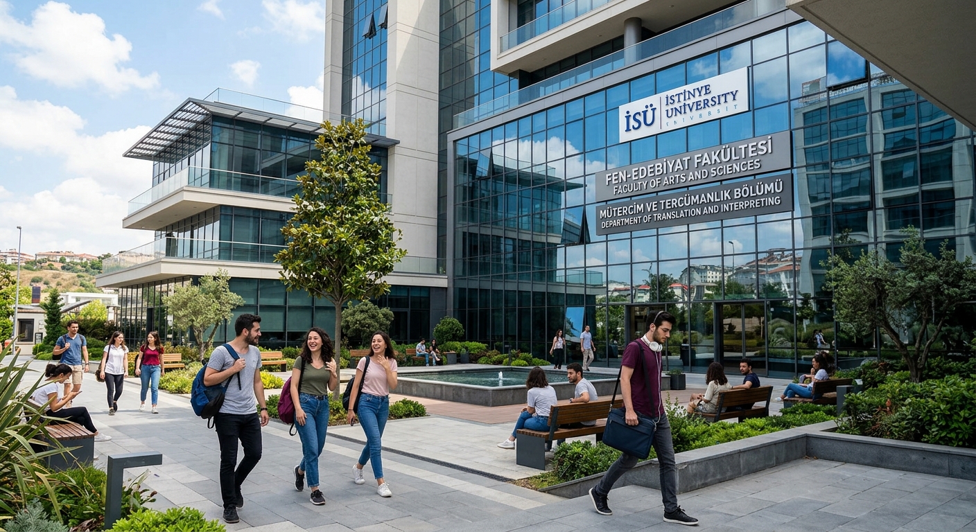 Modern Istinye University campus building in Istanbul with students walking through a contemporary courtyard, glass facades reflecting sunlight, translation and interpreting department signage visible