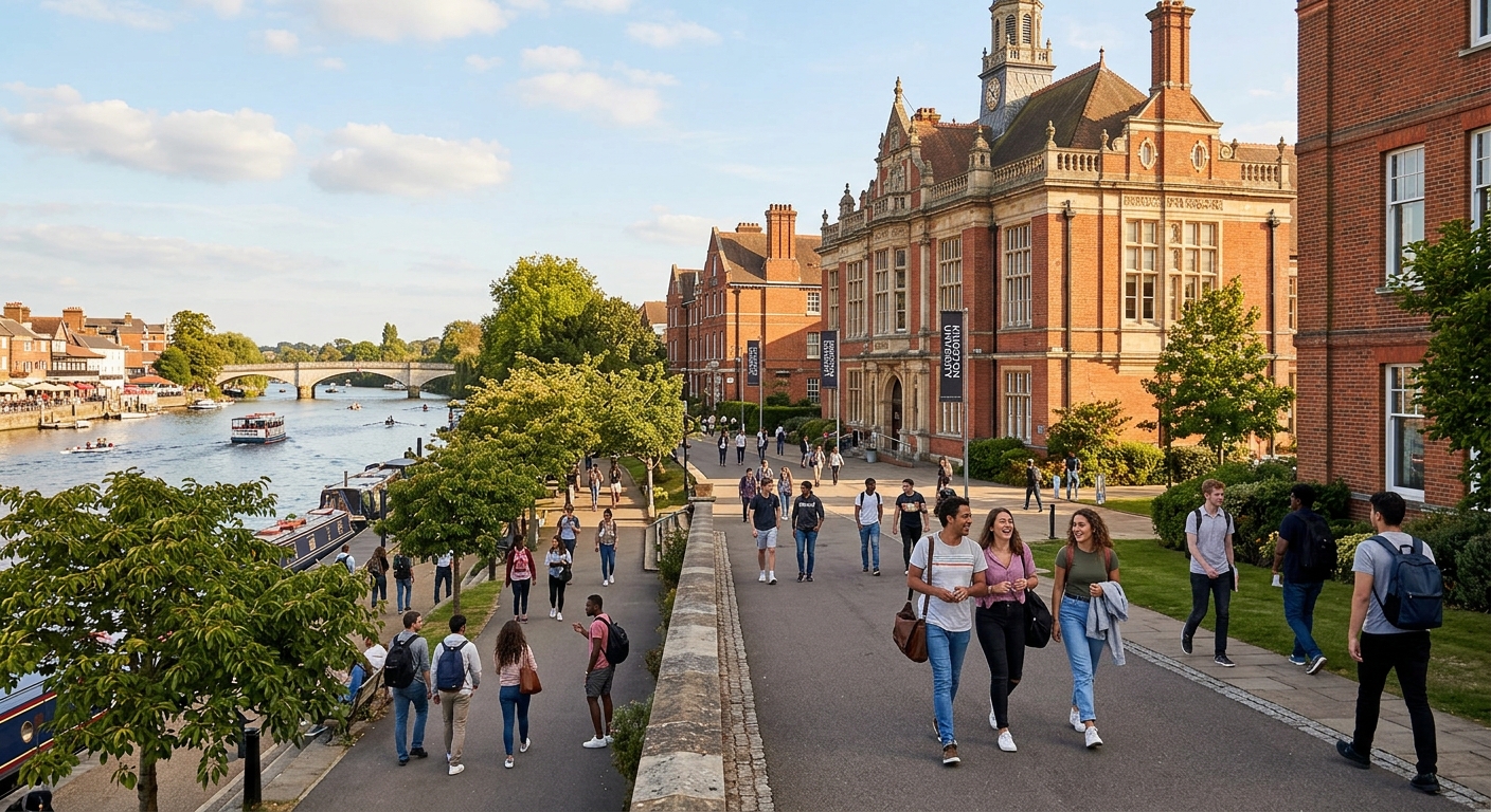 Kingston University Penrhyn Road campus with historic brick buildings, students walking along tree-lined pathways near the River Thames in Kingston upon Thames, London, warm afternoon light