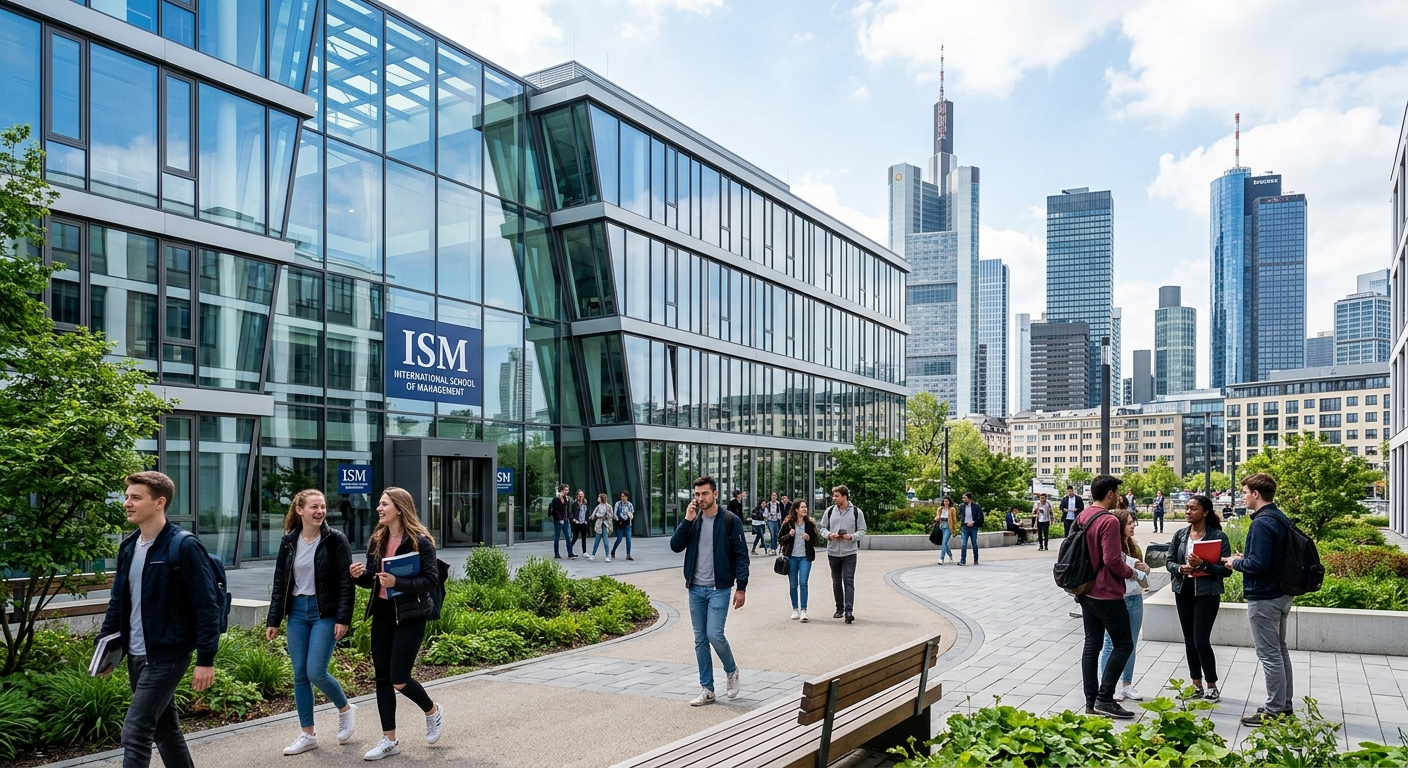 Modern glass-facade campus building of ISM International School of Management in Germany, students walking through a contemporary courtyard with financial district skyline in background, bright daylight