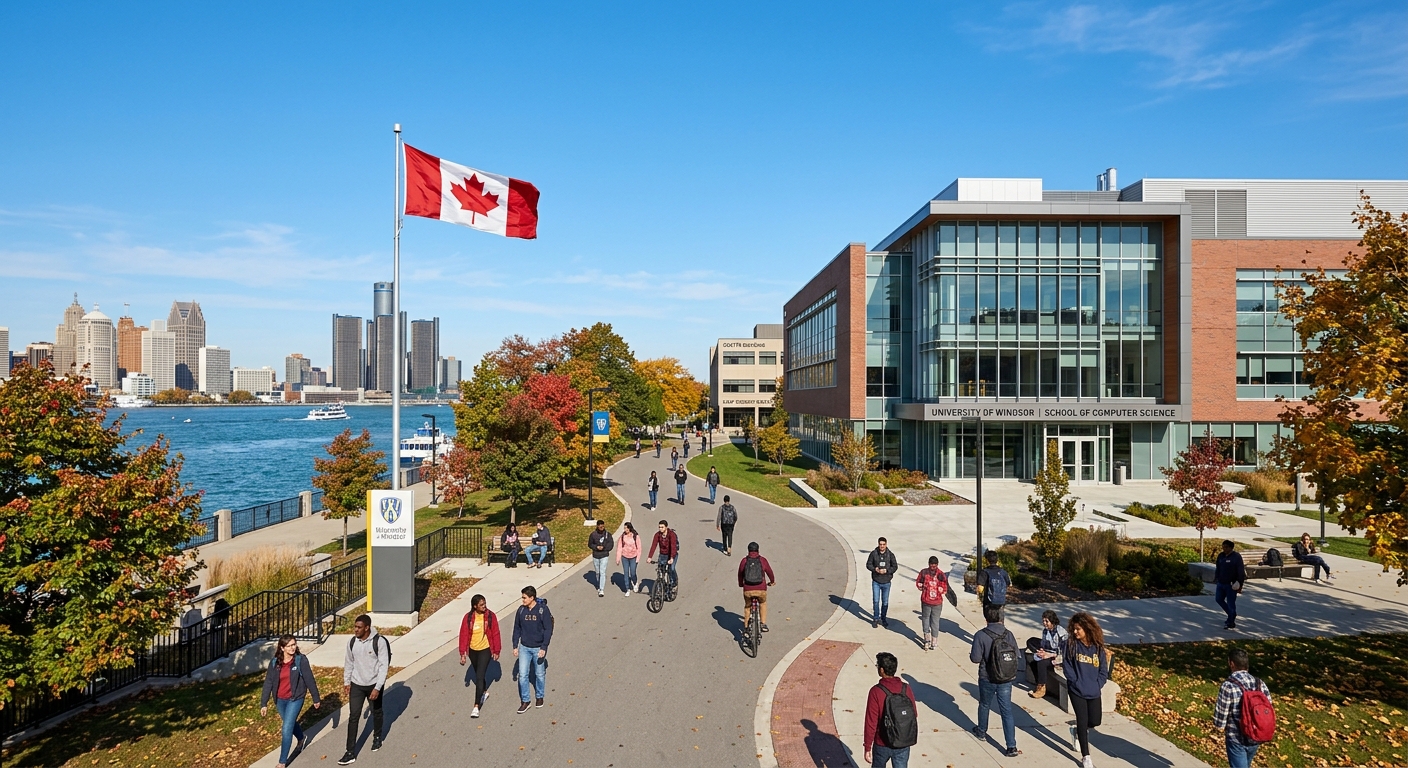 University of Windsor campus with modern School of Computer Science building, students walking along tree-lined pathways near the Detroit River waterfront, Canadian flag visible, bright autumn day with clear blue sky