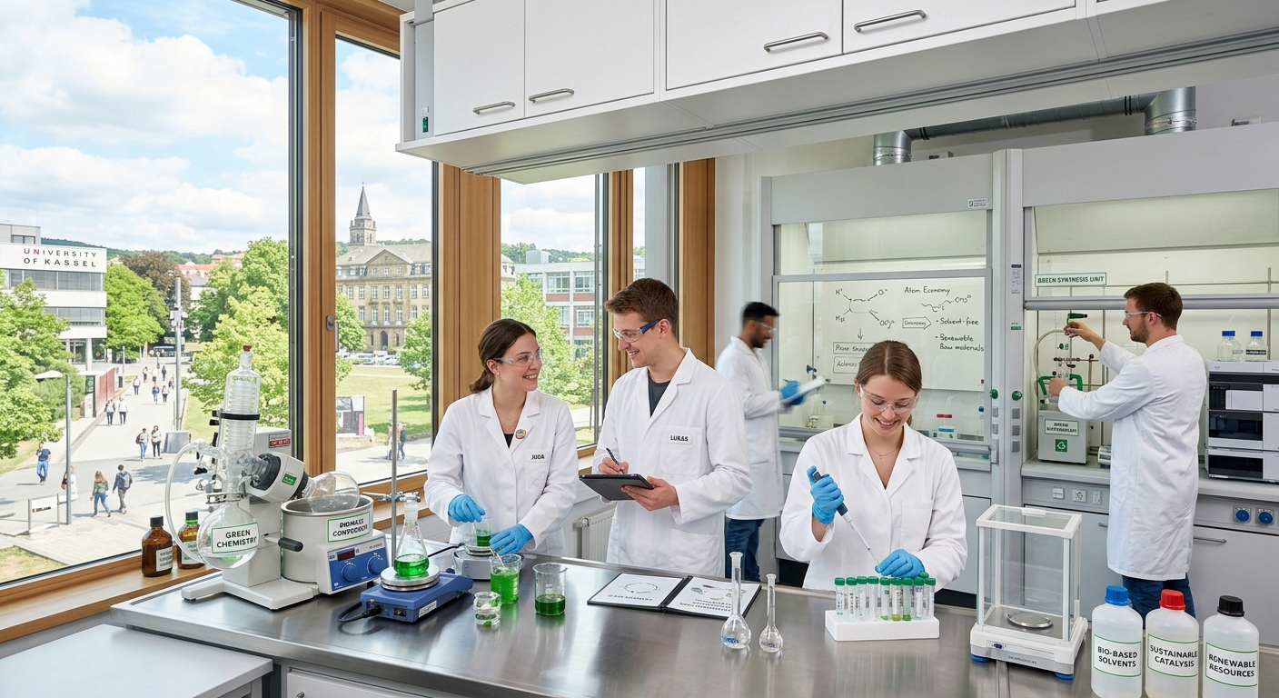 Modern chemistry laboratory at University of Kassel with students conducting sustainability-focused experiments, green chemistry equipment, natural light streaming through large windows, Kassel Germany campus setting