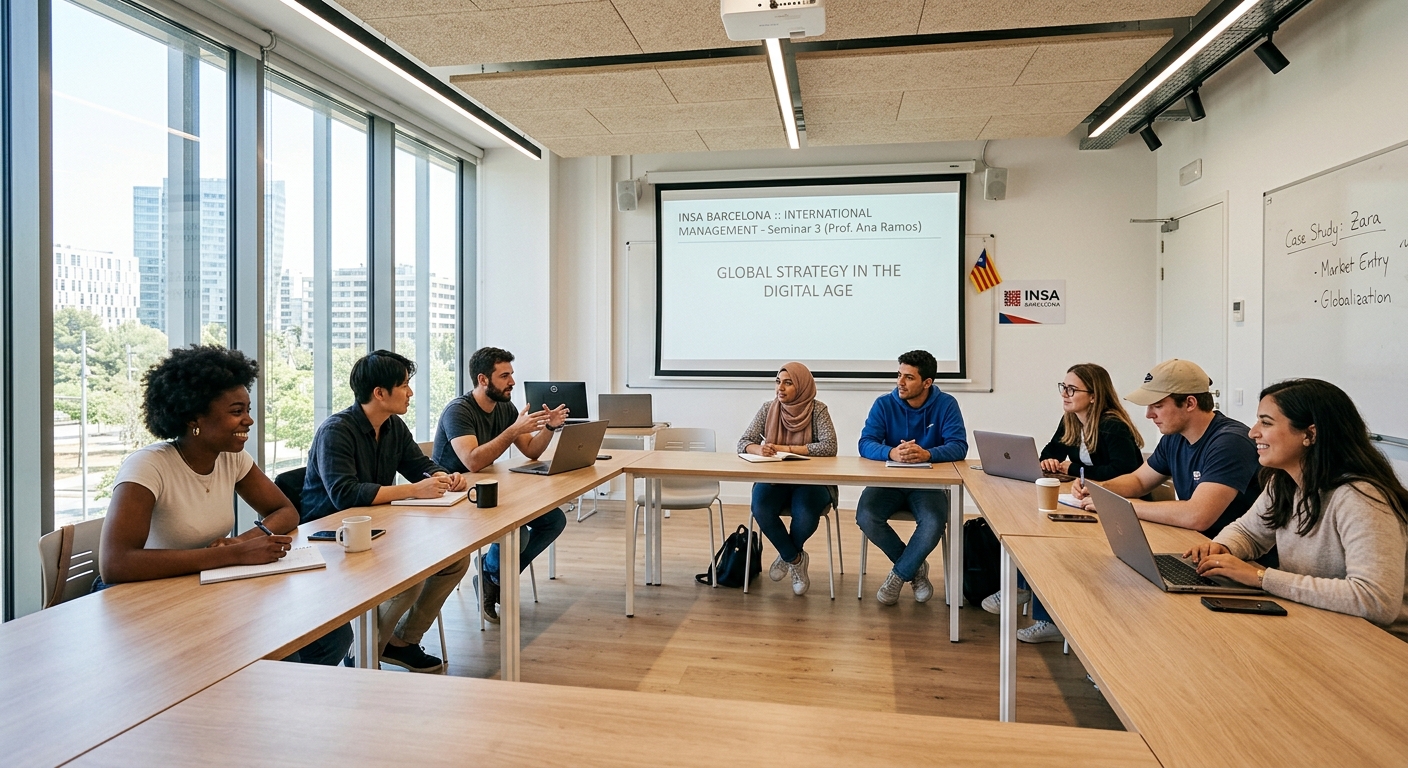 Modern classroom interior at INSA Barcelona, small group of diverse international students in seminar-style seating, projector screen, bright natural lighting