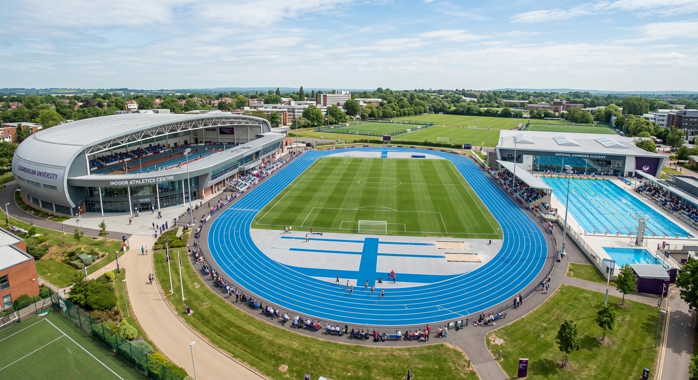 Loughborough University Olympic-standard sports facilities showing the indoor athletics centre, outdoor running track, and 50-metre swimming pool complex