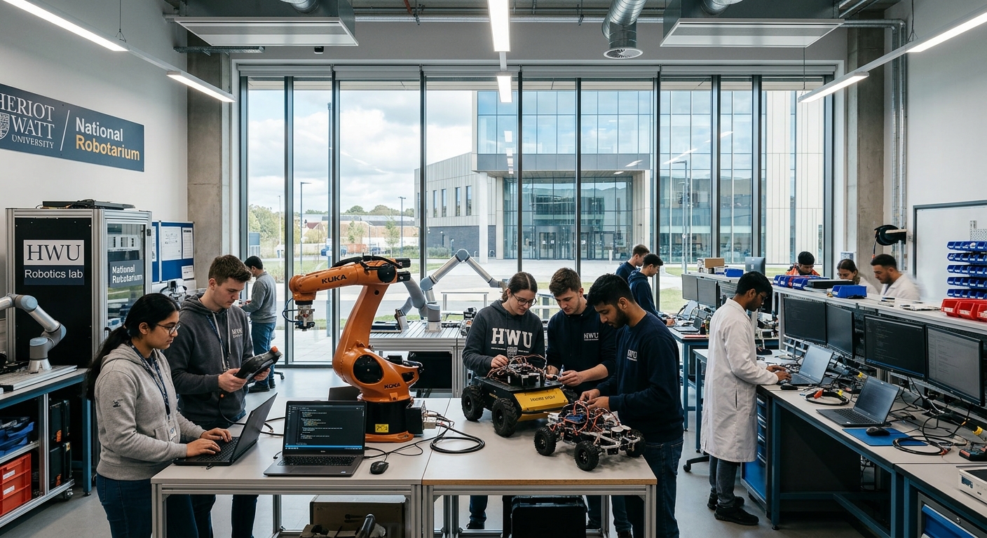 Modern robotics laboratory at Heriot-Watt University Edinburgh campus, students programming robotic arms and autonomous vehicles, National Robotarium building visible through large windows, bright LED-lit workspace with advanced equipment