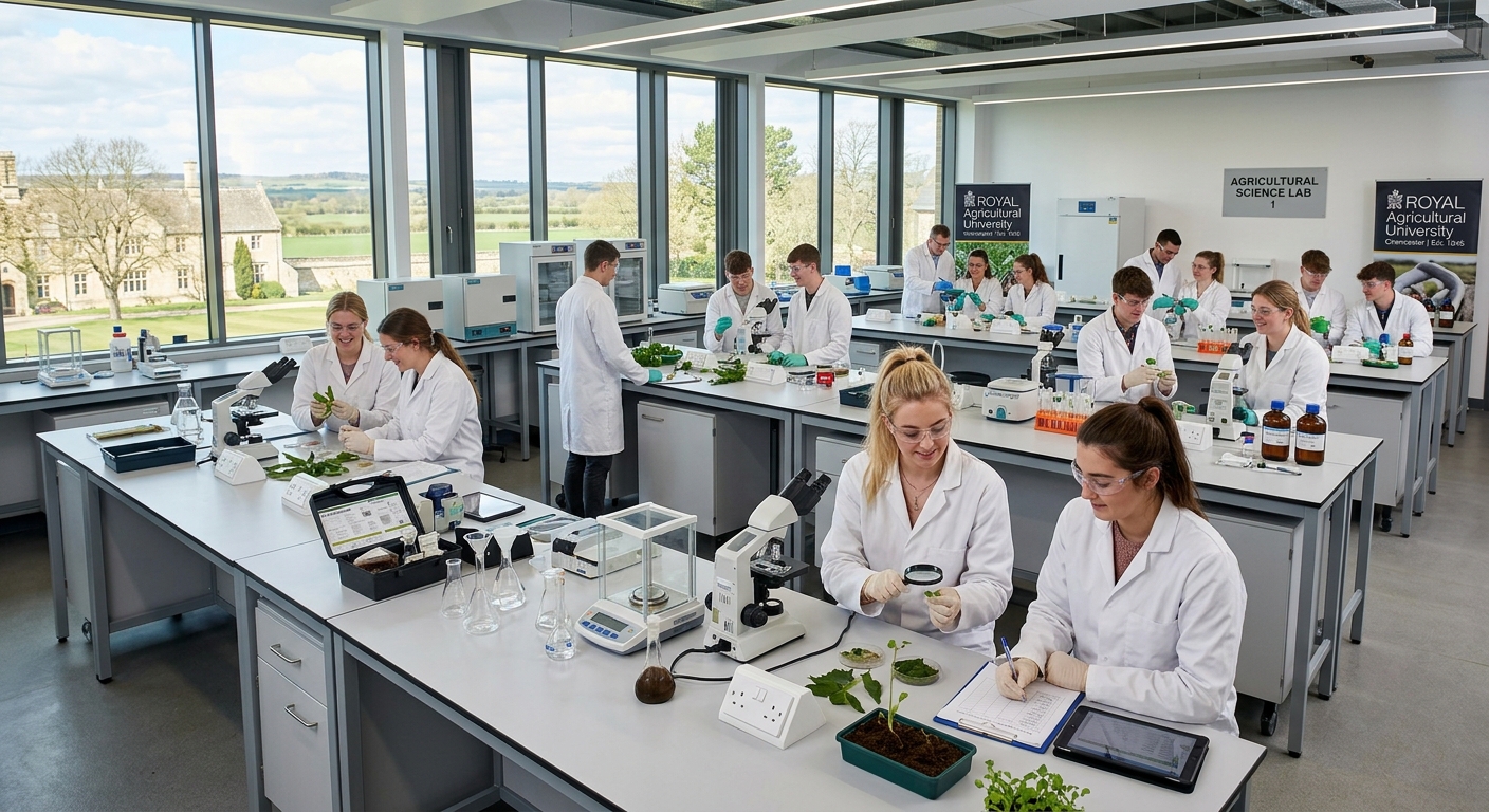 Modern teaching laboratory at Royal Agricultural University with students working at lab benches, agricultural science equipment, bright natural lighting