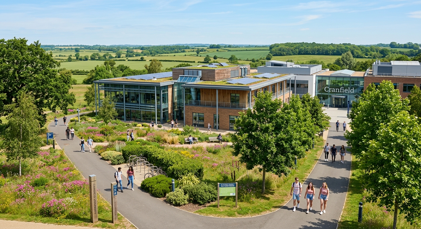 Cranfield University campus in Bedfordshire, England, featuring modern academic buildings surrounded by green countryside, students walking along tree-lined paths, with a clear sky and sustainability-themed landscaping