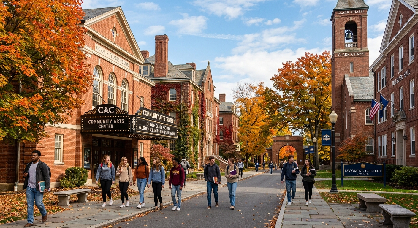 Historic liberal arts college campus in Williamsport Pennsylvania with brick buildings, tree-lined pathways, and a theatre marquee, students walking between academic buildings on a sunny autumn day