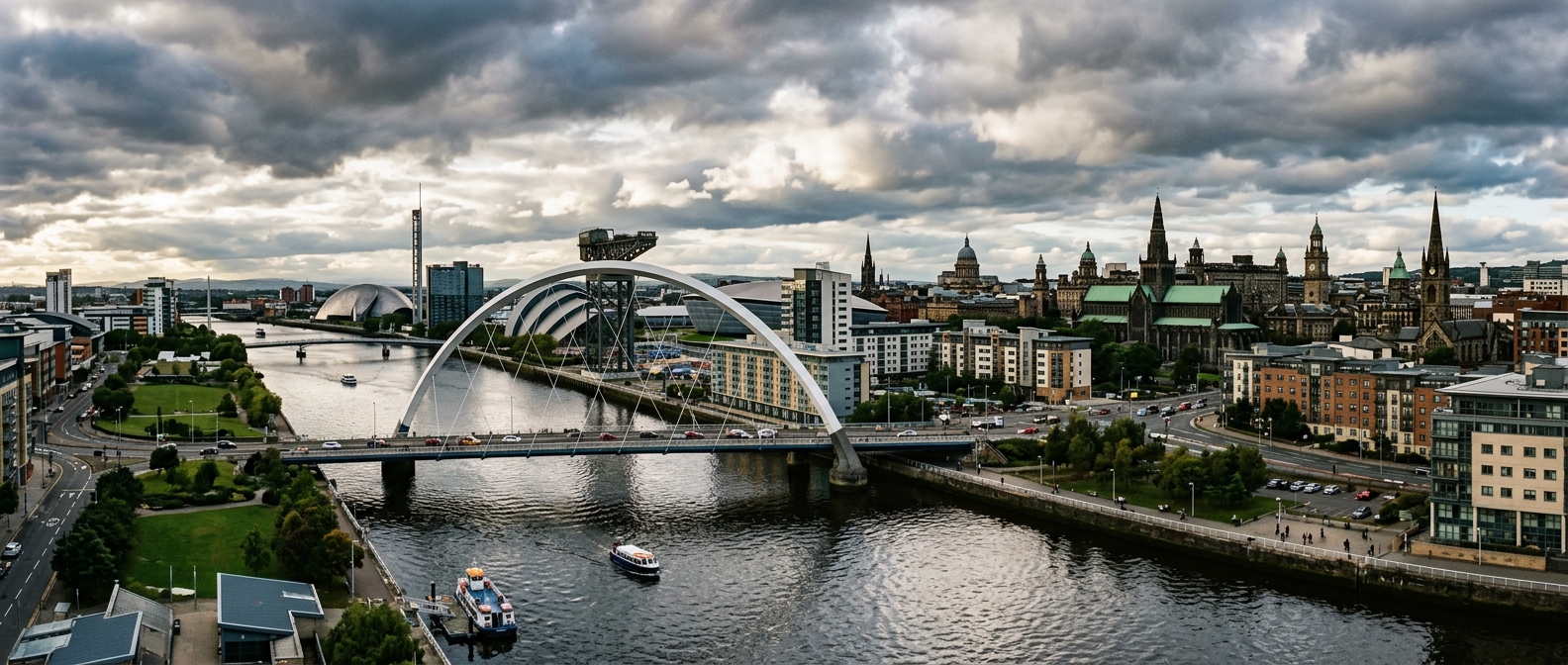Panoramic view of Glasgow city skyline along the River Clyde, showing the Clyde Arc bridge, modern riverside buildings, and historic spires under dramatic Scottish sky