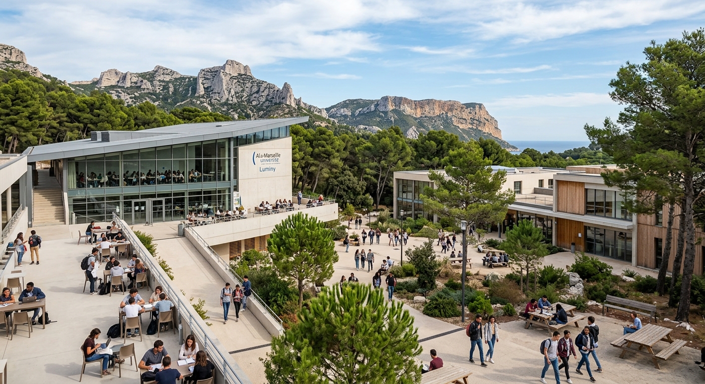Modern lecture halls and student study areas at Aix-Marseille University Luminy campus, contemporary architecture surrounded by Mediterranean pine forest and Calanques national park