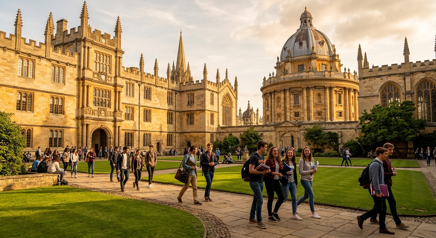 Historic University of Oxford campus with golden limestone Bodleian Library and Radcliffe Camera dome, students walking through medieval courtyard with green lawns, warm afternoon sunlight casting long shadows