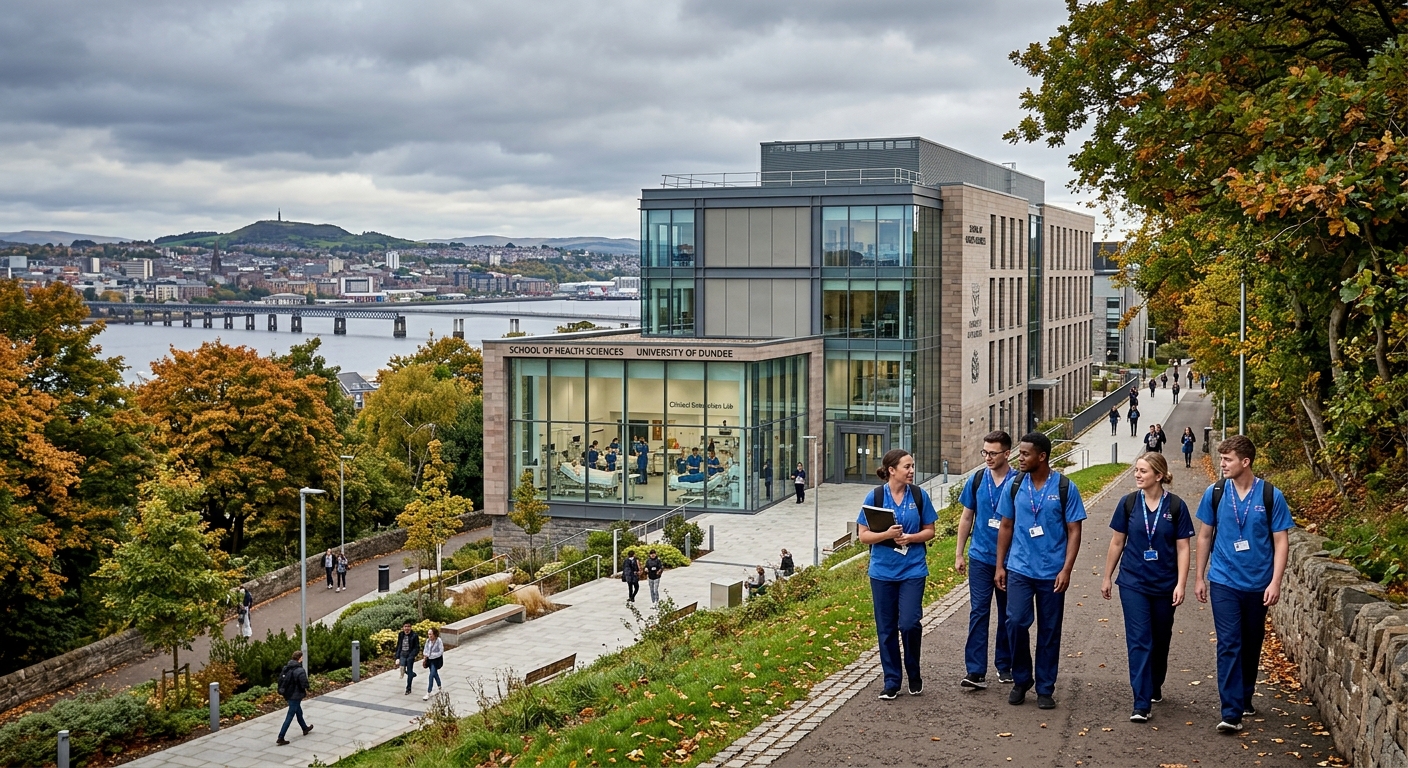 University of Dundee campus with modern health sciences building, clinical simulation lab visible through glass windows, nursing students in professional attire walking along tree-lined pathways, Scottish cityscape and River Tay in background, overcast sky